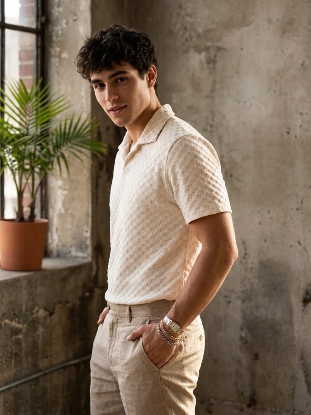 Jackson Men's Textured Short-Sleeve Polo Shirt in Cream Size XL